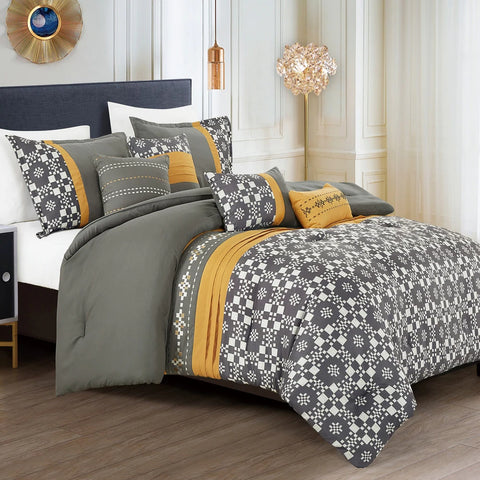 7 Piece Grey Gold Geometric Comforter Set Embroidery Soft Bedding