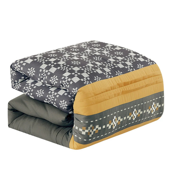 7 Piece Grey Gold Geometric Comforter Set Embroidery Soft Bedding