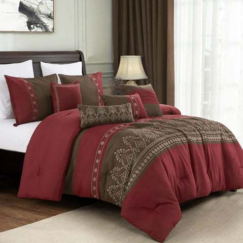 7 Piece Burgundy Brown Embroidery Soft Bedding Comforter Set