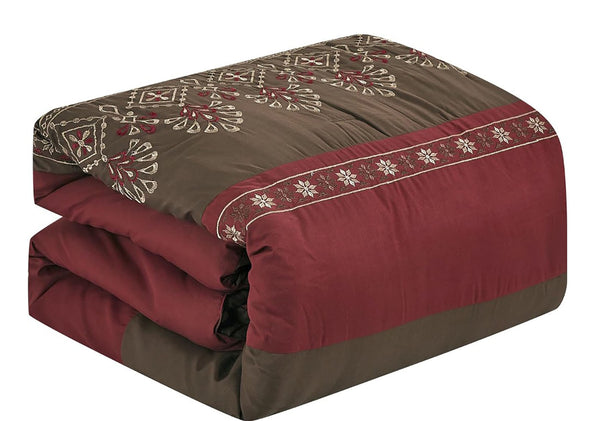 7 Piece Burgundy Brown Embroidery Soft Bedding Comforter Set