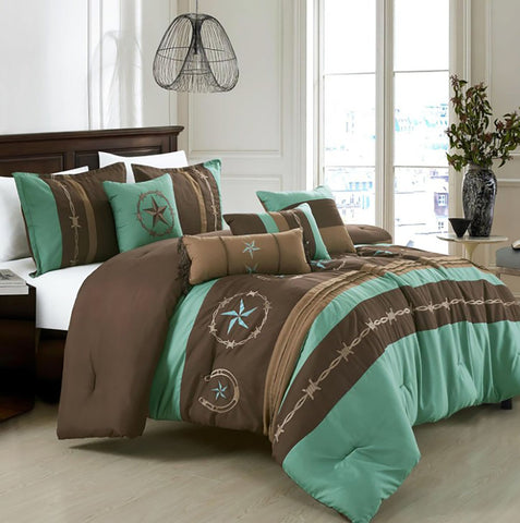 7 Piece Teal Brown Southwestern Star Soft Bedding Comforter Set