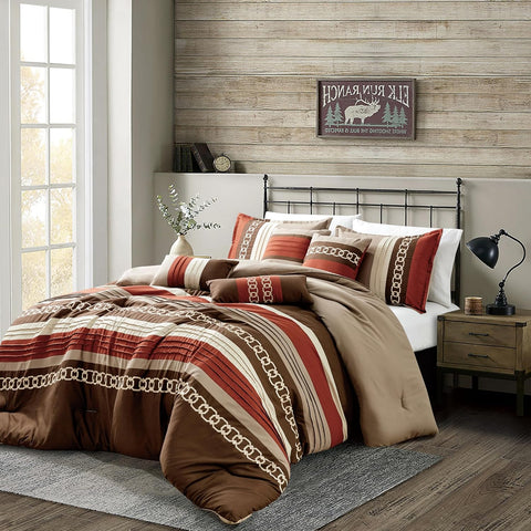7 Piece Brown Beige Comforter Set Embroidery Soft Bedding