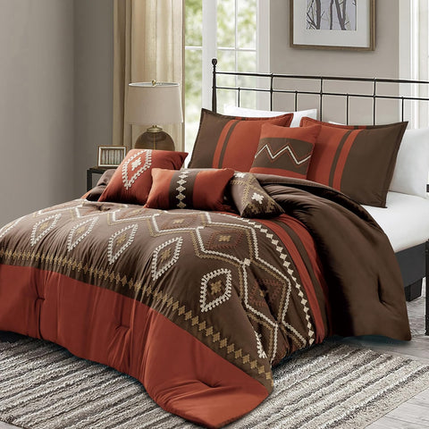 7 Piece Brown Burgundy Geometric Comforter Set Embroidery Soft Bedding