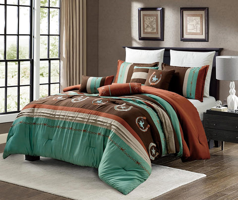 7 Piece Brown & Teal Geometric Striped Comforter Set Embroidery Soft Bedding