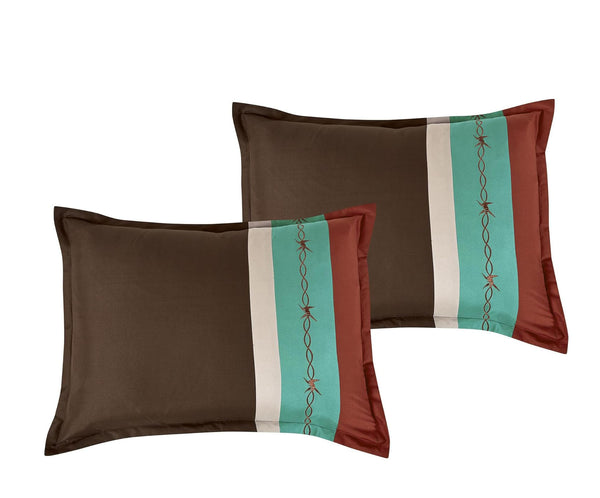 7 Piece Brown & Teal Geometric Striped Comforter Set Embroidery Soft Bedding
