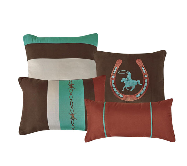7 Piece Brown & Teal Geometric Striped Comforter Set Embroidery Soft Bedding