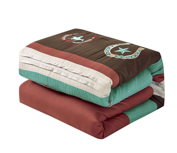 7 Piece Brown & Teal Geometric Striped Comforter Set Embroidery Soft Bedding