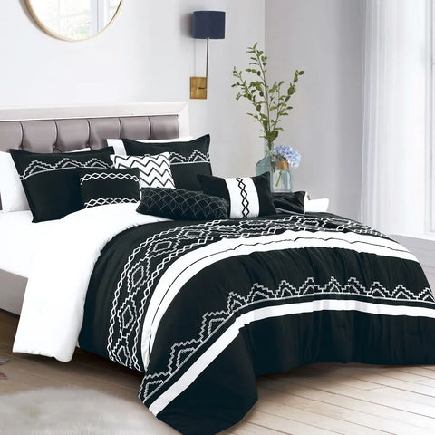 7 Piece Black White Geometric Striped  Comforter Set Embroidery Soft Bedding