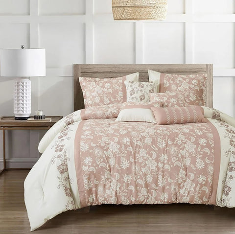 King Size 7 Piece Pink Beige Floral Comforter Set Soft Bedding