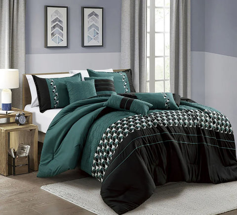 7 Piece Black Green Geometric Soft Bedding Comforter Set