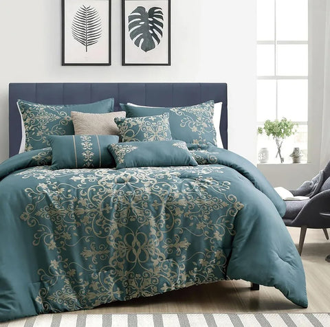 7 Piece Blue Damask Pattern Flocked Bedding Comforter Set