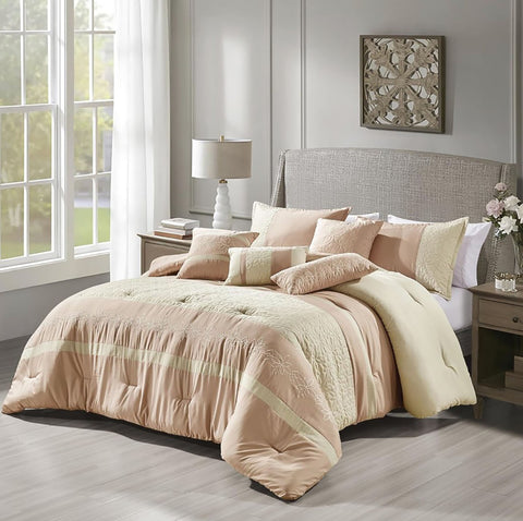 7 Piece Pink Beige Floral Soft Bedding Comforter Set