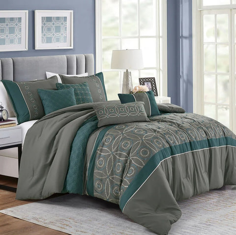 7 Piece Comforter Set Green Grey Embroidery Soft Bedding