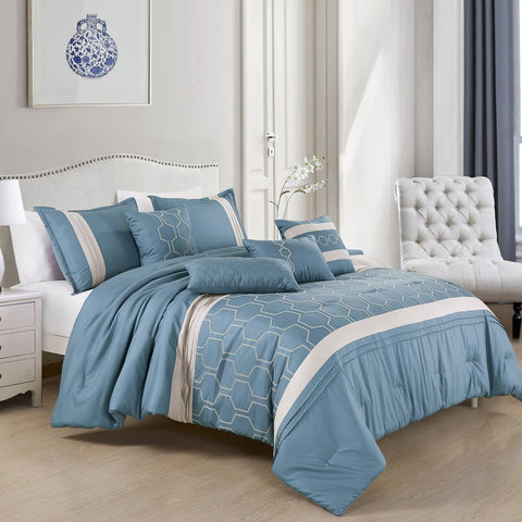 7 Piece Light Blue Ivory Striped Comforter Set Embroidery Soft Bedding