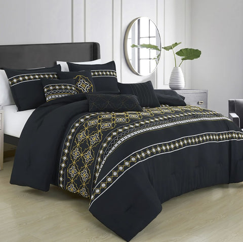 7 Piece Comforter Set Black Yellow Gold Soft Bedding