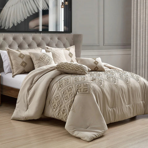 7 Piece Beige Geometric Comforter Set Embroidery Soft Bedding