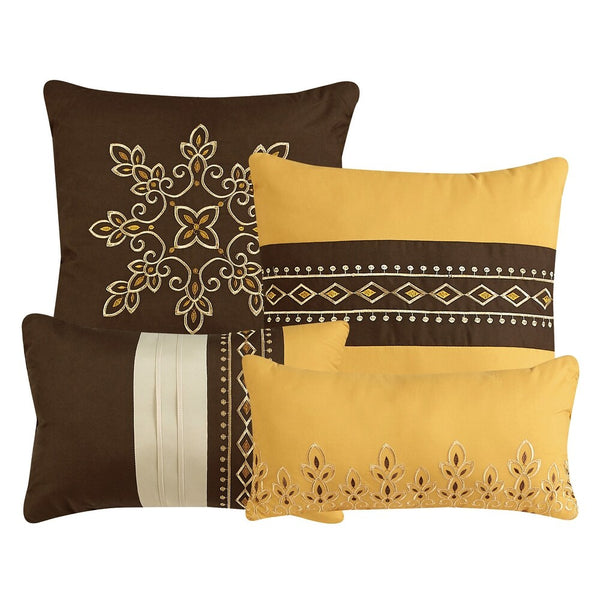 7 Piece Brown Gold Comforter Set Embroidery Soft Bedding