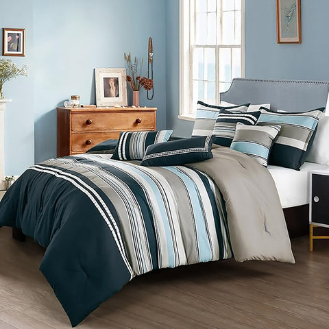 7 Piece Navy Light Blue Striped Comforter Set Embroidery Soft Bedding