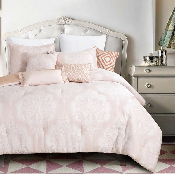 King Size 7 Piece Pink Floral Boho Comforter Set Boho Embroidery Soft Bedding