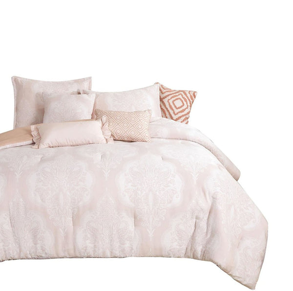 King Size 7 Piece Pink Floral Boho Comforter Set Boho Embroidery Soft Bedding