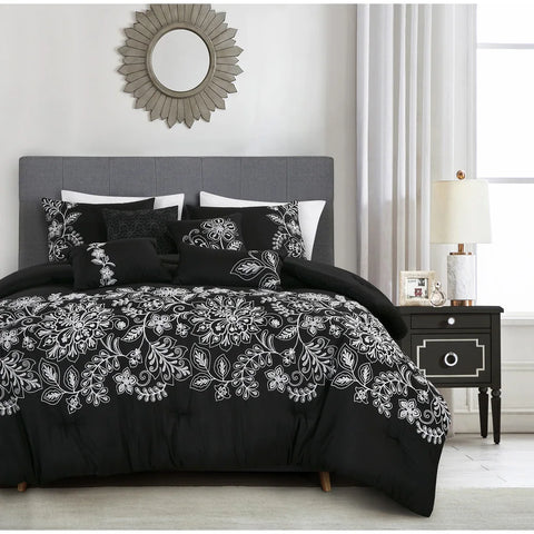 7 Piece Black & White Floral Comforter Set Embroidery Soft Bedding