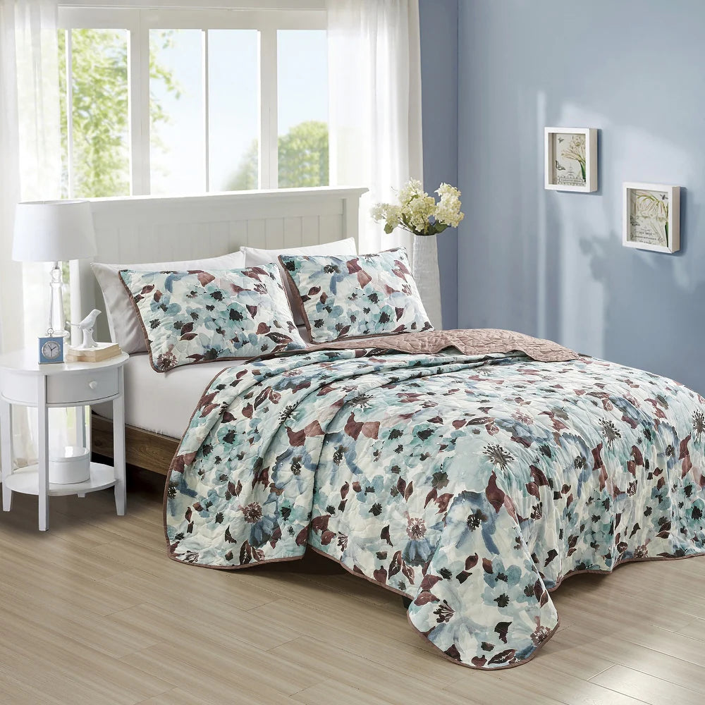 3 Piece Blue & Brown Floral Reversible Quilt Coverlet Bedspread Bedding Set