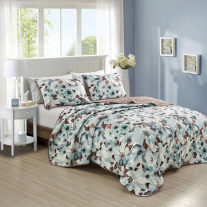 3 Piece Blue & Brown Floral Reversible Quilt Coverlet Bedspread Bedding Set