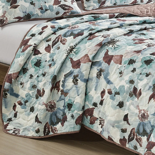 3 Piece Blue & Brown Floral Reversible Quilt Coverlet Bedspread Bedding Set