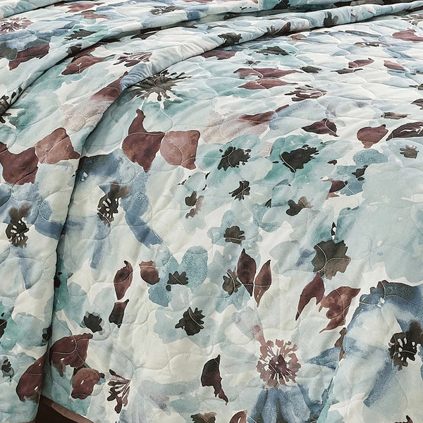 3 Piece Blue & Brown Floral Reversible Quilt Coverlet Bedspread Bedding Set