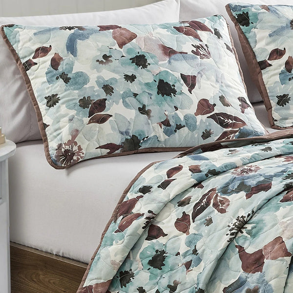 3 Piece Blue & Brown Floral Reversible Quilt Coverlet Bedspread Bedding Set