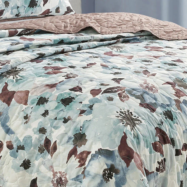 3 Piece Blue & Brown Floral Reversible Quilt Coverlet Bedspread Bedding Set