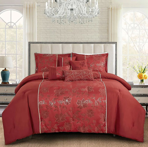 Queen Size 7 Piece Comforter Set Red Solid Floral Soft Bedding