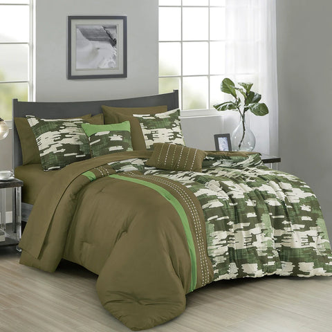 9 Piece Bed-in-a-Bag Green & White Camouflage Patteren Soft Bedding Comforter Set