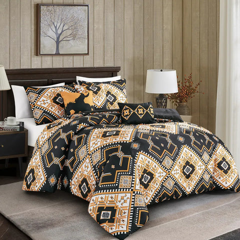 6 Piece Black Gold Medallion Comforter Set Embroidery Soft Bedding