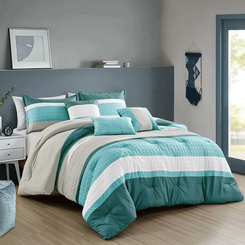 6 Piece Turquoise Blue Striped Embroidery Soft Bedding Comforter Set