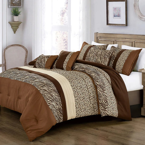 6 Piece Brown Beige Animal Print Comforter Set Embroidery Soft Bedding