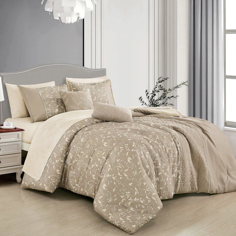 9 Piece Bed-in-a-Bag Beige & Off-White Geometric Soft Bedding Comforter Set