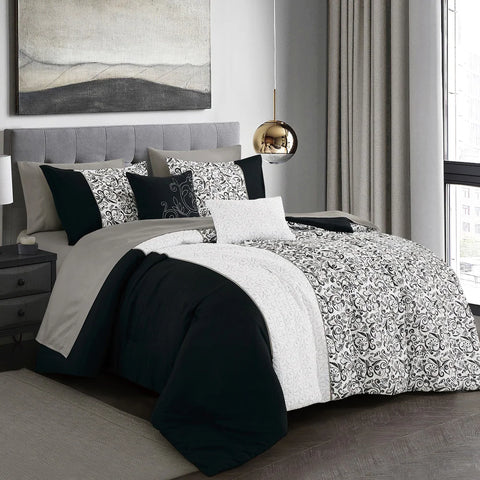 9 Piece Bed-in-a-Bag Black White Floral Soft Bedding Comforter Set