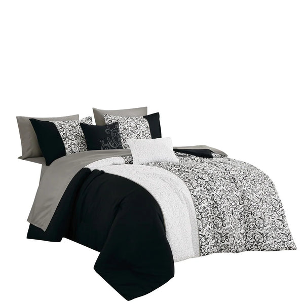 9 Piece Bed-in-a-Bag Black White Floral Soft Bedding Comforter Set