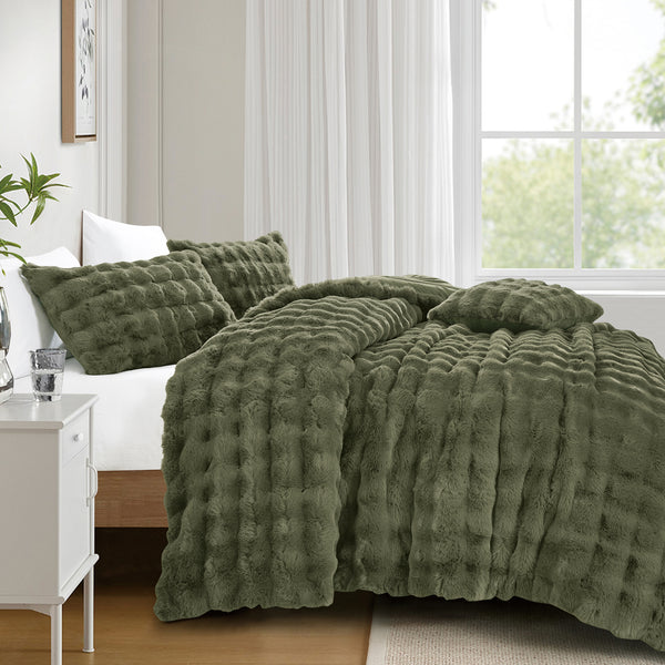 4 Piece Green Solid Textured Faux Fur Soft Plush Comforter Set