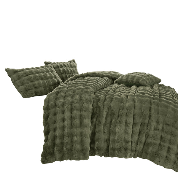 4 Piece Green Solid Textured Faux Fur Soft Plush Comforter Set