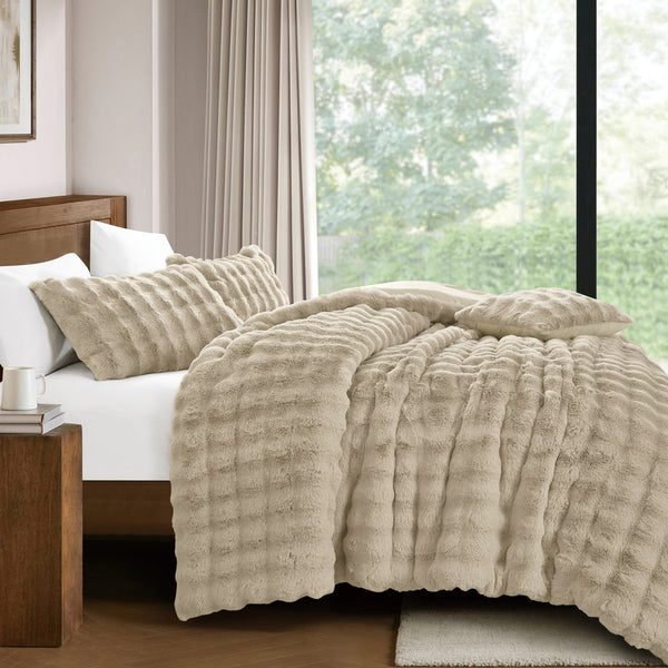 4 Piece Taupe Beige Solid Textured Faux Fur Soft Plush Comforter Set