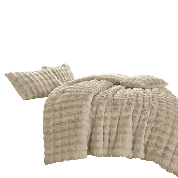 4 Piece Taupe Beige Solid Textured Faux Fur Soft Plush Comforter Set