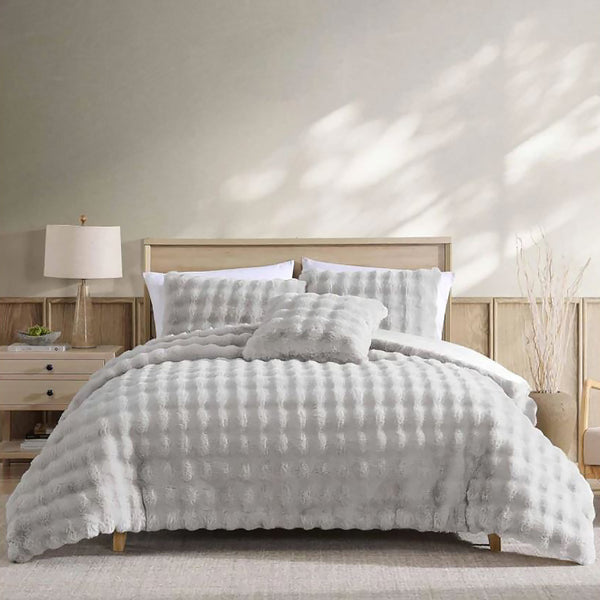 4 Piece Light Grey Solid Textured Faux Fur Soft Plush Comforter Set