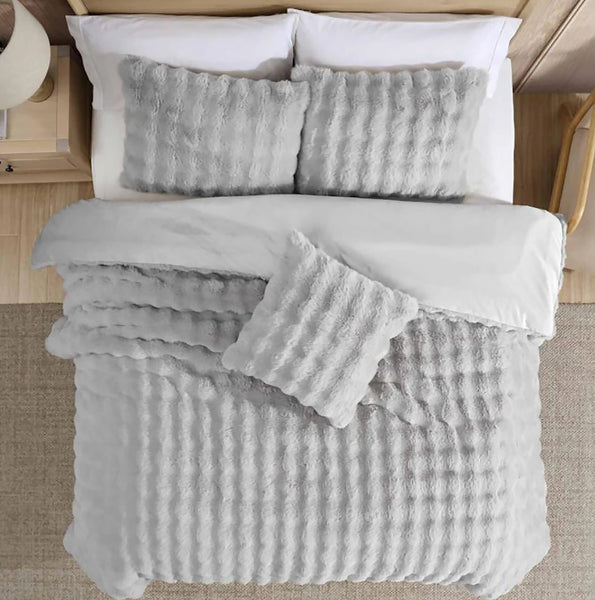 4 Piece Light Grey Solid Textured Faux Fur Soft Plush Comforter Set
