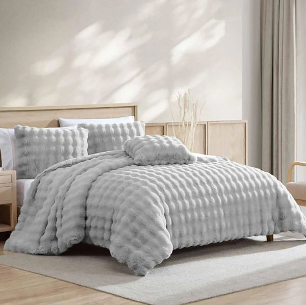 4 Piece Light Grey Solid Textured Faux Fur Soft Plush Comforter Set