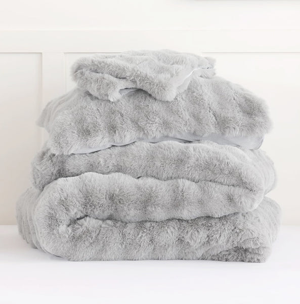 4 Piece Light Grey Solid Textured Faux Fur Soft Plush Comforter Set