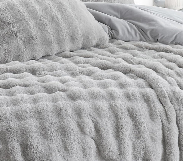 4 Piece Light Grey Solid Textured Faux Fur Soft Plush Comforter Set