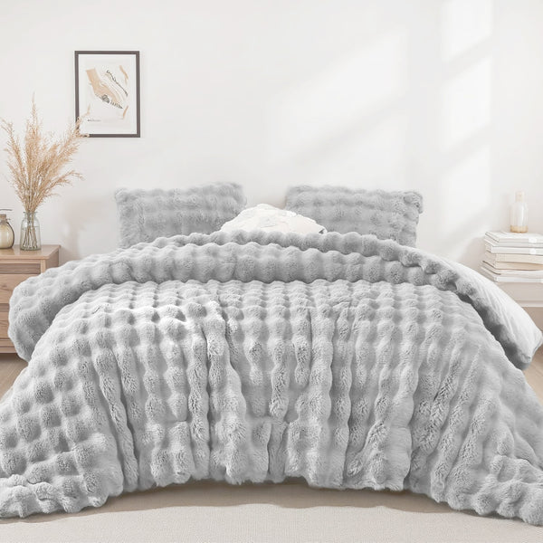 4 Piece Light Grey Solid Textured Faux Fur Soft Plush Comforter Set