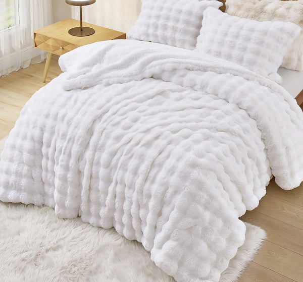 4 Piece White Solid Textured Faux Fur Soft Plush Comforter Set